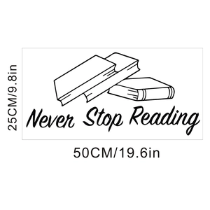 Detail of Never Stop Reading wall decal with book illustrations and 50x25cm dimensions