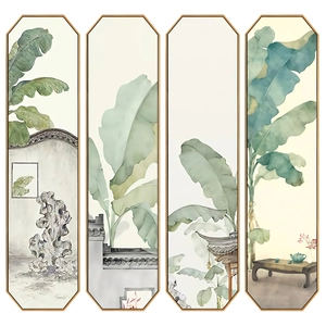 Set of 4 octagonal green leaf banana plant wall art in traditional Zen Chinese style