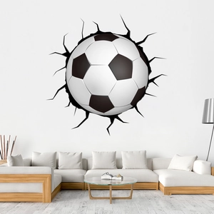 Detailed 3D soccer ball breaking through wall sticker for living room decoration