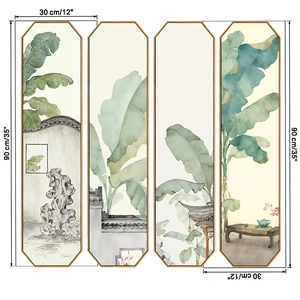 Detailed dimensions of four-piece Chinese ink style banana leaf wall art panels