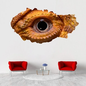 Detailed 3D wall sticker featuring a realistic dinosaur eye peering through a cracked wall