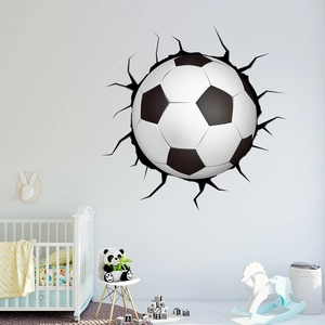 3D football breaking wall decal for kids bedroom decor featuring realistic crack effect vinyl