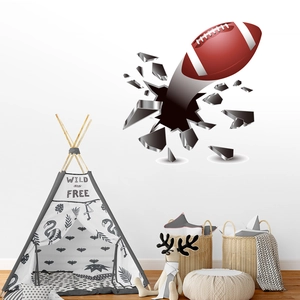 Macro detail of 3D cracked wall effect American football vinyl decal for kid room decor