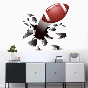 3D wall sticker featuring an American football breaking through a white living room wall