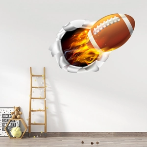 Adesivo murale 3D football americano con effetto fiamme e dettagli di crepe