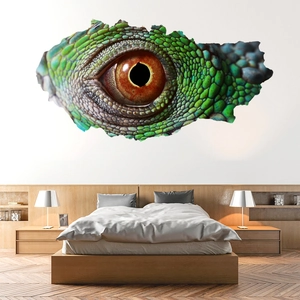 Detail of 3D cracked wall sticker featuring a realistic dinosaur lizard eye for room decor