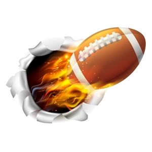 Dettaglio adesivo murale football americano 3D con fiamme realistiche ed effetto carta strappata