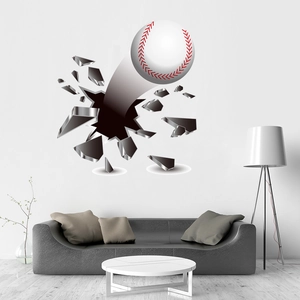 Detailed 3D visual of a baseball breaking through a wall vinyl wall sticker for decor