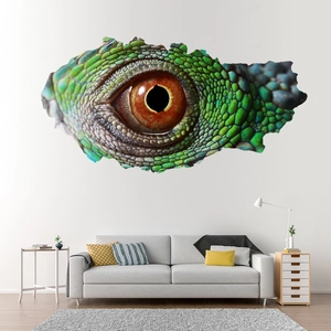 Detailed view of 3D dinosaur eye wall sticker in a modern white living room with a sofa