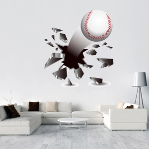 Macro detail of a 3D baseball wall sticker featuring a realistic broken wall effect
