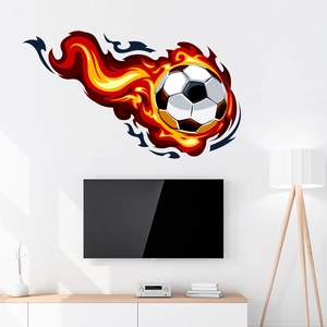 Vista dettagliata dell'adesivo murale pallone da calcio 3D con fiamme su parete bianca