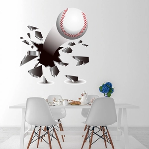 Macro detail of 3D baseball wall sticker showing realistic cracks and broken wall effect