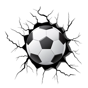 Macro detail of 3D cracked wall effect soccer ball sticker with realistic break patterns