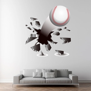 3D baseball wall sticker detail showing the ball breaking through a realistic cracked wall