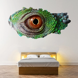 Macro view of realistic 3D broken wall lizard eye sticker in a modern bedroom setting