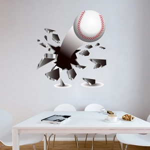 Detailed view of 3D baseball wall sticker with realistic broken wall effect on white wall