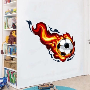 Adesivo murale 3D pallone da calcio con fiamme in una camera da letto per bambini moderna