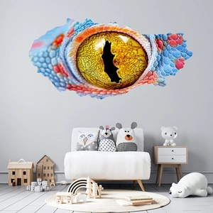 Macro 3D wall sticker featuring a realistic lizard eye popping through a broken wall effect