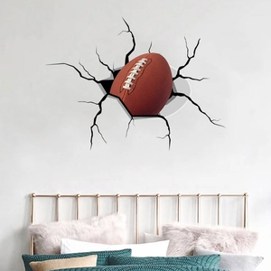 3D American football wall decal with realistic wall crack effect for bedroom decoration