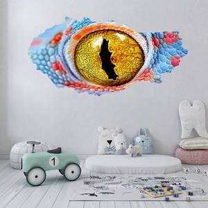 Detail of 3D lizard eye wall sticker with blue scales and golden pupil for modern rooms