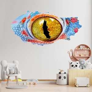 3D realistic lizard eye wall sticker featuring vibrant scales and broken wall visual effect