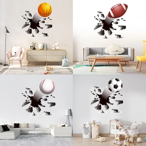 3D Creative Broken Wall Sports Ball Wall Decal PVC Waterproof Removable Sticker For Kids Room Living Room Decor Basketball Football Rugby Baseball Style