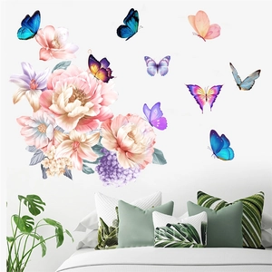 Vinilo decorativo de peonías y mariposas para decoración de dormitorio