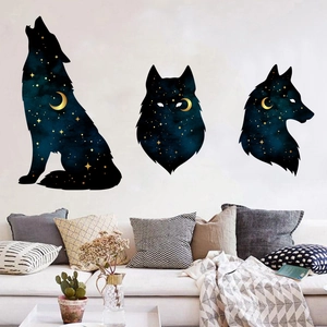 Modern wolf silhouette wall stickers with starry sky galaxy pattern and golden moon