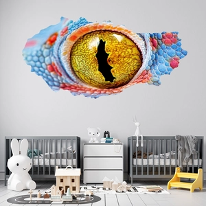 3D reptile eye wall sticker with broken wall effect in a modern children bedroom