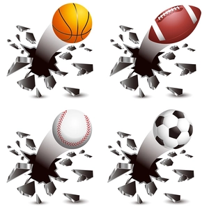 3D sports wall stickers featuring soccer, basketball, rugby, and baseball breaking through wall