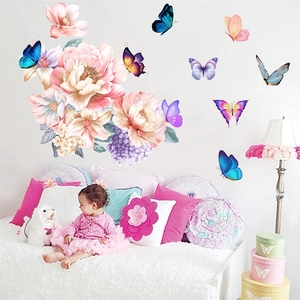 Vinilos decorativos de peonías y mariposas para dormitorio en PVC impermeable duradero