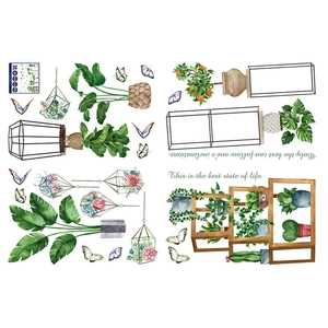 Detail of watercolor green plants and cat wall stickers for living room decor