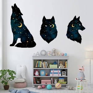 Close-up of starry wolf silhouette wall stickers with golden moon and blue galaxy theme