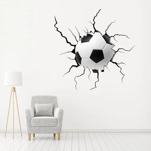 Detailed 3D soccer ball wall sticker with realistic wall cracks for sports themed decor