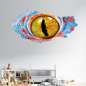3D cracked wall decal showing vivid lizard eye details in a bright children bedroom