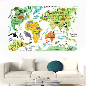 Sticker Mural Éducatif Carte du Monde Animaux Imperméable Autocollant Dessin Animé Carte des Continents pour Chambre d'Enfant