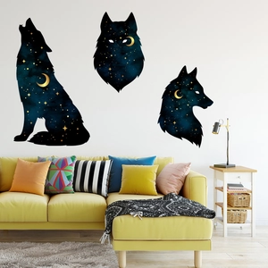 Detailed starry wolf wall decals featuring cosmic patterns in blue and gold on a white wall