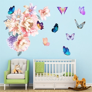 Vinilos decorativos de peonías y mariposas en acuarela para habitación infantil o de bebé