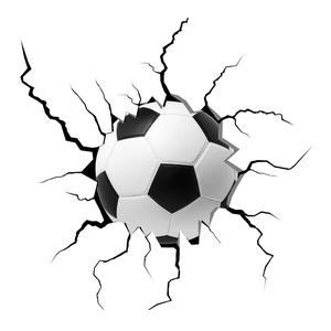 Close-up of 3D cracked wall soccer ball vinyl wall sticker with realistic visual effect