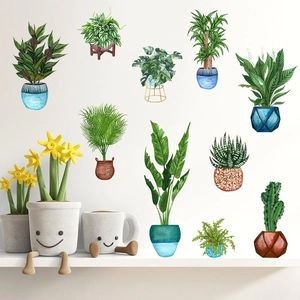 Adesivo Murale Moderno in PVC Con Piante Verdi e Fiori di Loto Rimovibile Impermeabile Autoadesivo per Soggiorno Studio Decorazione Casa