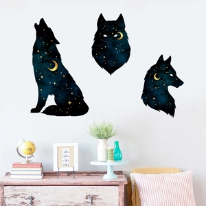 Starry sky wolf wall stickers set with galaxy moon design for living room home decor