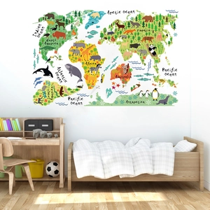 Sticker mural carte du monde animaux autocollant pour chambre d'enfant avec dessins