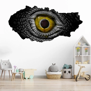 3D realistic dinosaur eye wall sticker with cracked wall effect in kids room decor