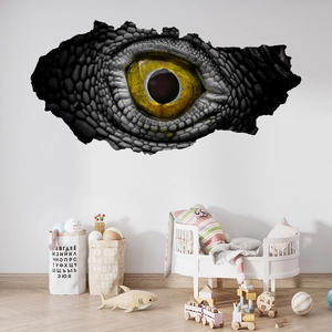 3D cracked wall sticker showing a realistic dinosaur eye for children's room decor