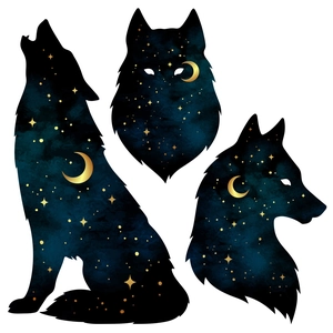 Celestial wolf wall decals featuring starry blue wolf silhouettes and golden crescent moon