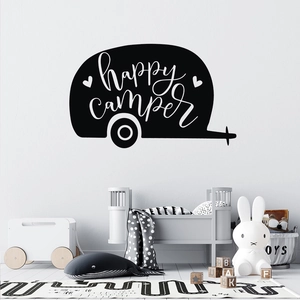 Minimalist vinyl happy camper wall sticker for kids room decor in black finish