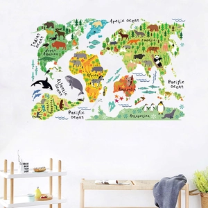 Sticker mural carte du monde éducatif avec animaux mignons pour chambre d'enfant