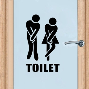 Creative black silhouette toilet door stickers with man and woman icons on blue wood