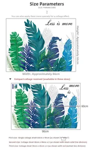 Détail de stickers tropicaux avec feuilles de Monstera et texte Less is more