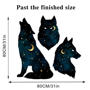 Detailed view of wolf silhouette wall stickers with starry night pattern and size dimensions